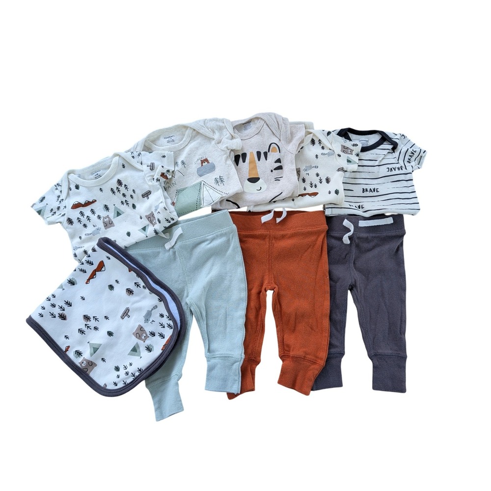 Gerber Baby Boy 8pc Camping Set Bodysuits Pants Burp Cloth 0-3 Months Multi